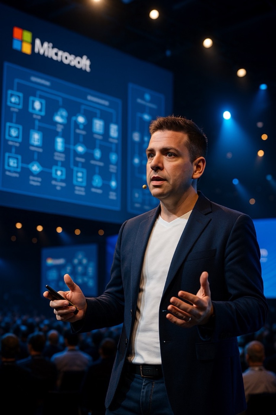 Dino Bordonaro on a large keynote stage with a Microsoft architecture slide behind him