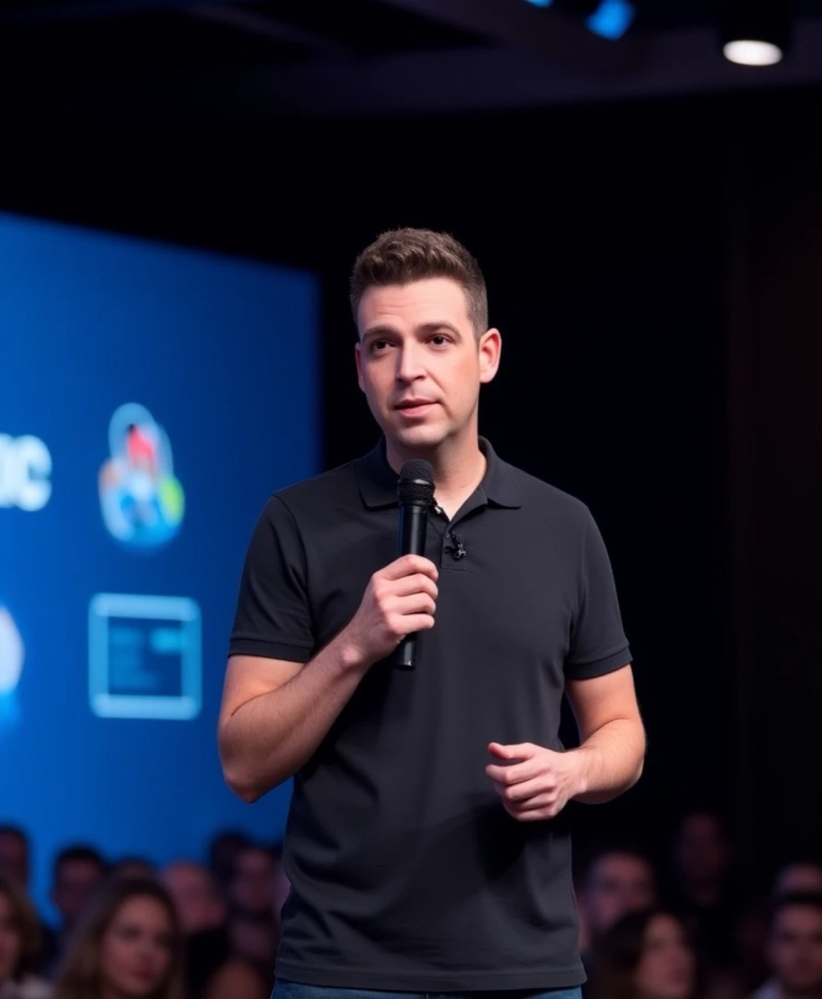Dino Bordonaro with a handheld microphone on a keynote stage in front of a large blue screen